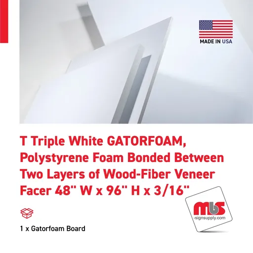 [FC-GF-4896316W] 48'' W x 96'' H x 3/16'' T Triple White GATORFOAM, Polystyrene Foam Bonded Between Two Layers of Wood-Fiber Veneer Facer