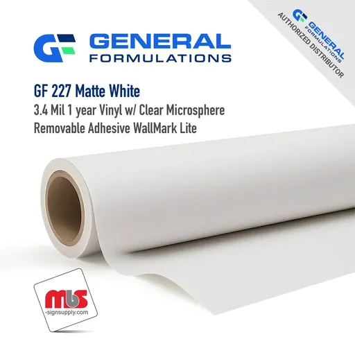 [GF227-5450] 54'' x 50 Yard Roll - General Formulations 227 3.4 Mil Matte White 1 year Vinyl w/ Clear Microsphere Removable Adhesive WallMark Lite