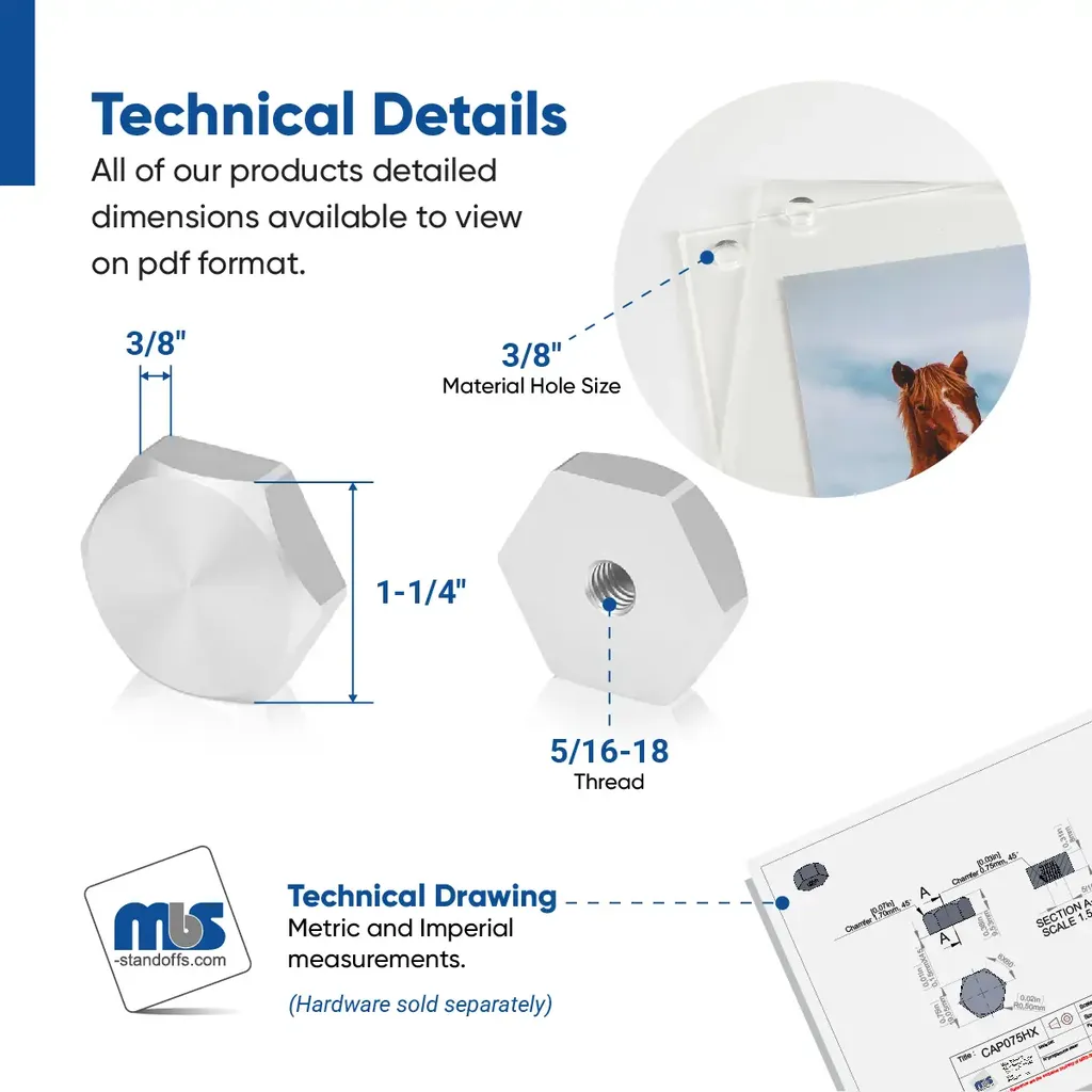 1-1/4" Diameter, 5/16-18 Threaded Hex Caps - 3/8" Hole Required