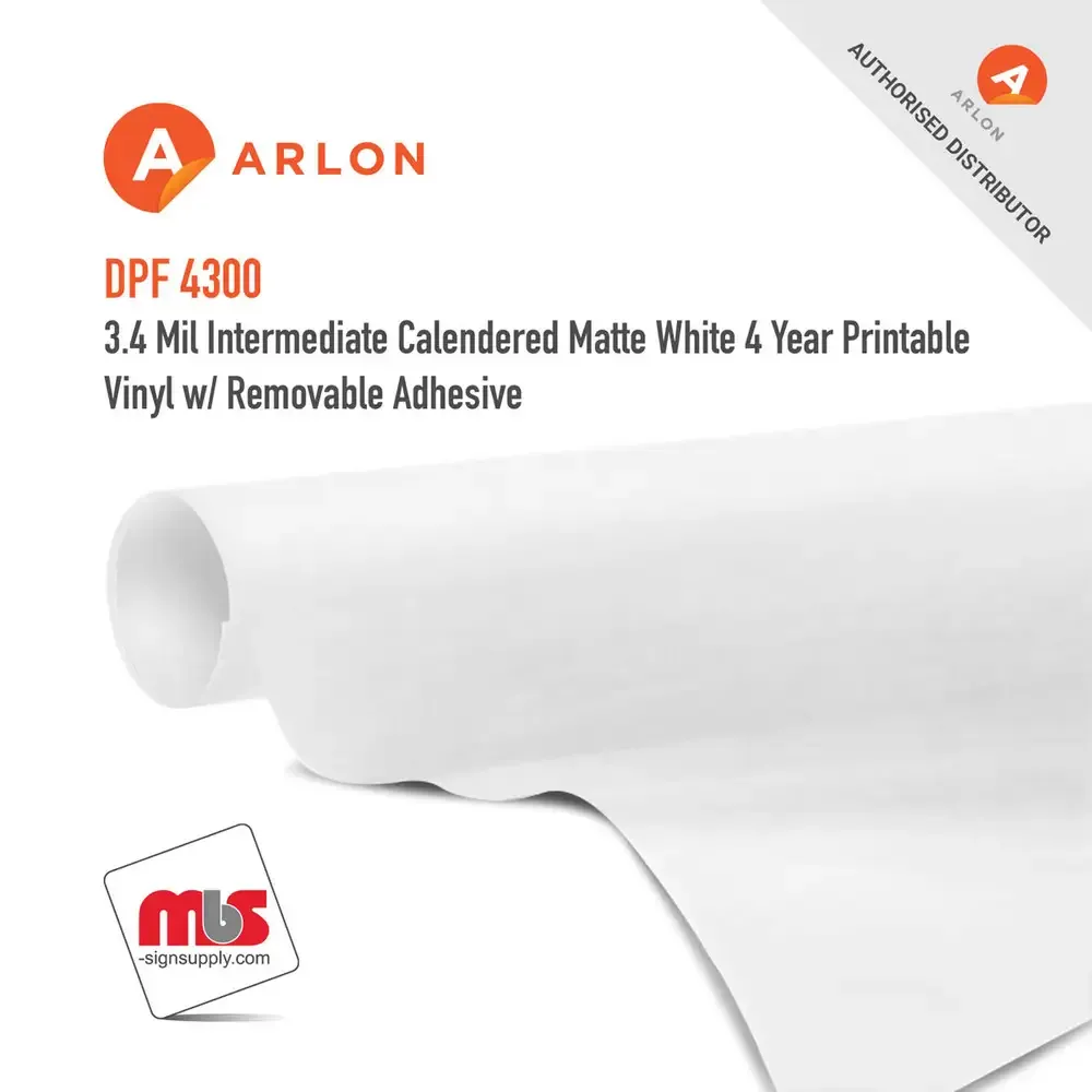 54" x 50 Yard Roll - Arlon DPF 4300 3.4 Mil Intermediate Calendered Matte White 4 Year Printable Vinyl w/ Removable Adhesive