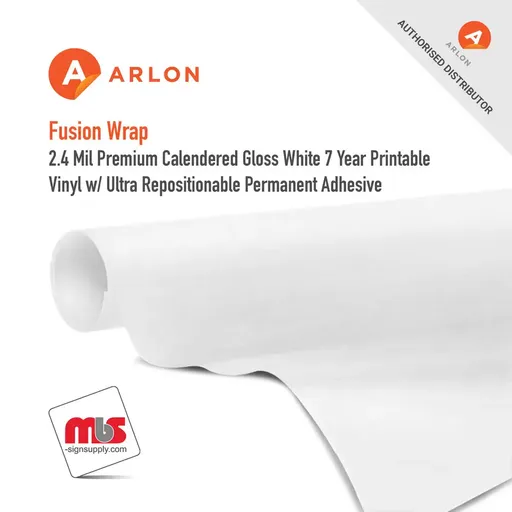 Arlon Fusion Wrap Premium Calendered Gloss White 7 Year Printable Vinyl w/ Ultra Repositionable Permanent Adhesive