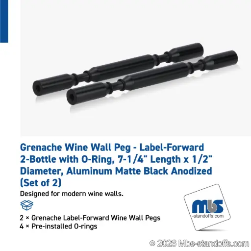 [WPR050-2MB] Grenache Wine Wall Peg - Label-Forward 2-Bottle with O-Ring, 6-1/2" Length x 1/2" Diameter, Aluminum Matte Black Anodized (Set of 2)