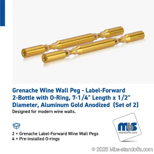 [WPR050-2G] Grenache Wine Wall Peg - Label-Forward 2-Bottle with O-Ring, 6-1/2" Length x 1/2" Diameter, Aluminum Gold Anodized (Set of 2)