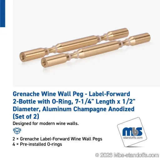 [WPR050-2BR] Grenache Wine Wall Peg - Label-Forward 2-Bottle with O-Ring, 6-1/2" Length x 1/2" Diameter, Aluminum Champagne Anodized (Set of 2)