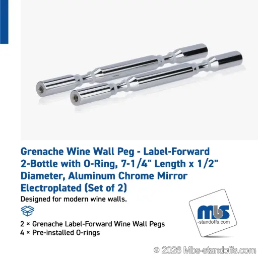 [WPR050-2CP] Grenache Wine Wall Peg - Label-Forward 2-Bottle with O-Ring, 6-1/2" Length x 1/2" Diameter, Aluminum Chrome Mirror Electroplated (Set of 2)