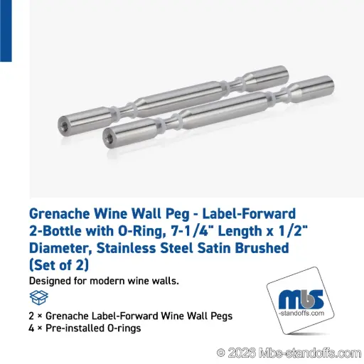 [WPR050-2S] Grenache Wine Wall Peg - Label-Forward 2-Bottle with O-Ring, 6-1/2" Length x 1/2" Diameter, Stainless Steel Satin Brushed (Set of 2)