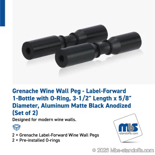 [WPR058-1MB] Grenache Wine Wall Peg - Label-Forward 1-Bottle with O-Ring, 3-1/2" Length x 5/8" Diameter, Aluminum Matte Black Anodized (Set of 2)