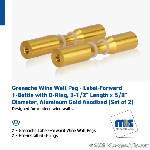 [WPR058-1G] Grenache Wine Wall Peg - Label-Forward 1-Bottle with O-Ring, 3-1/2" Length x 5/8" Diameter, Aluminum Gold Anodized (Set of 2)
