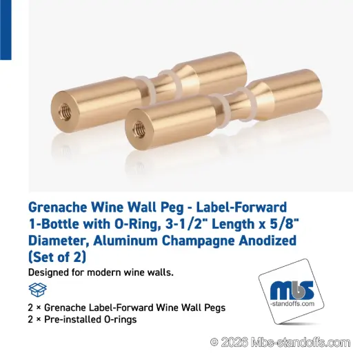 [WPR058-1BR] Grenache Wine Wall Peg - Label-Forward 1-Bottle with O-Ring, 3-1/2" Length x 5/8" Diameter, Aluminum Champagne Anodized (Set of 2)