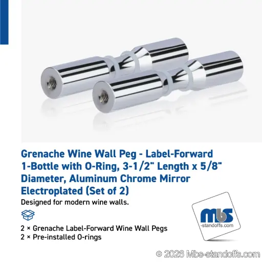 [WPR058-1CP] Grenache Wine Wall Peg - Label-Forward 1-Bottle with O-Ring, 3-1/2" Length x 5/8" Diameter, Aluminum Chrome Mirror Electroplated (Set of 2)