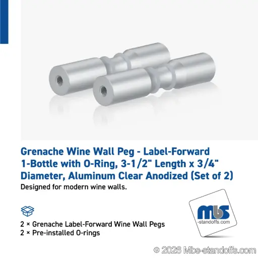 [WPR075-1A] Grenache Wine Wall Peg - Label-Forward 1-Bottle with O-Ring, 3-1/2" Length x 3/4" Diameter, Aluminum Clear Anodized (Set of 2)
