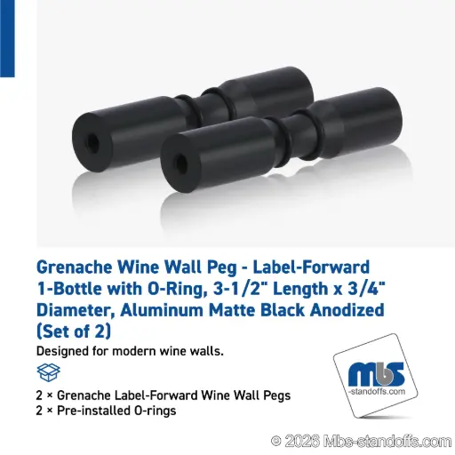 [WPR075-1MB] Grenache Wine Wall Peg - Label-Forward 1-Bottle with O-Ring, 3-1/2" Length x 3/4" Diameter, Aluminum Matte Black Anodized (Set of 2)