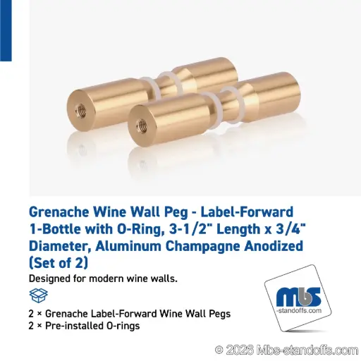 [WPR075-1BR] Grenache Wine Wall Peg - Label-Forward 1-Bottle with O-Ring, 3-1/2" Length x 3/4" Diameter, Aluminum Champagne Anodized (Set of 2)