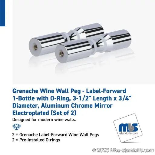 [WPR075-1CP] Grenache Wine Wall Peg - Label-Forward 1-Bottle with O-Ring, 3-1/2" Length x 3/4" Diameter, Aluminum Chrome Mirror Electroplated (Set of 2)