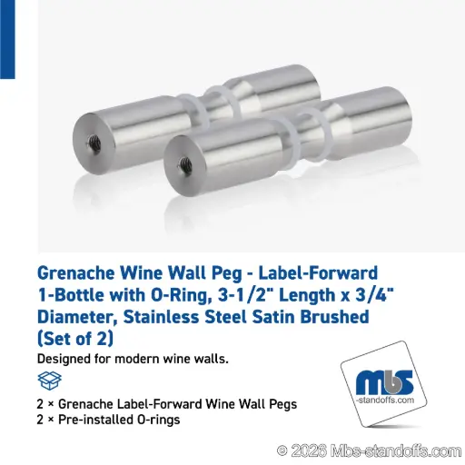 [WPR075-1S] Grenache Wine Wall Peg - Label-Forward 1-Bottle with O-Ring, 3-1/2" Length x 3/4" Diameter, Stainless Steel Satin Brushed (Set of 2)