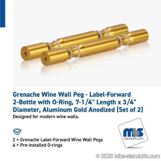 [WPR075-2G] Grenache Wine Wall Peg - Label-Forward 2-Bottle with O-Ring, 6-1/2" Length x 3/4" Diameter, Aluminum Gold Anodized (Set of 2)