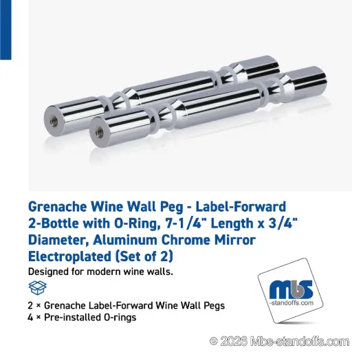 [WPR075-2CP] Grenache Wine Wall Peg - Label-Forward 2-Bottle with O-Ring, 6-1/2" Length x 3/4" Diameter, Aluminum Chrome Mirror Electroplated (Set of 2)