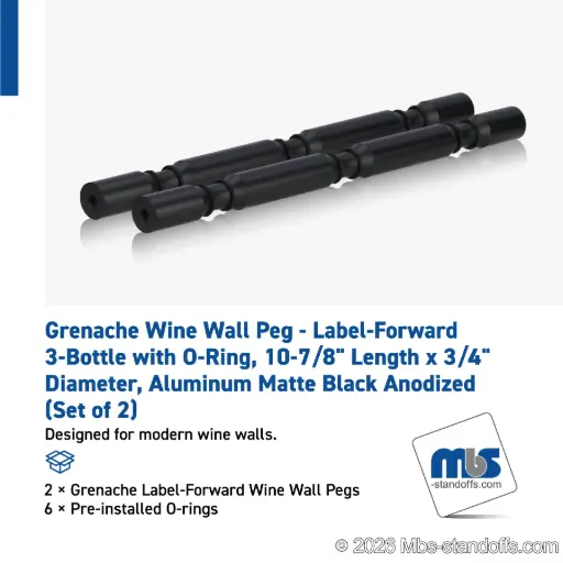[WPR075-3MB] Grenache Wine Wall Peg - Label-Forward 3-Bottle with O-Ring, 9-1/2" Length x 3/4" Diameter, Aluminum Matte Black Anodized (Set of 2)