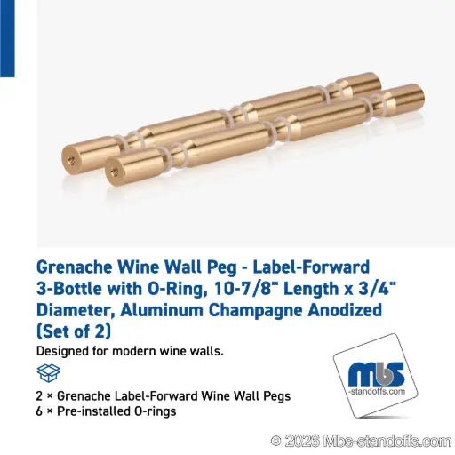 [WPR075-3BR] Grenache Wine Wall Peg - Label-Forward 3-Bottle with O-Ring, 9-1/2" Length x 3/4" Diameter, Aluminum Champagne Anodized (Set of 2)