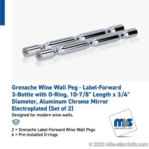 [WPR075-3CP] Grenache Wine Wall Peg - Label-Forward 3-Bottle with O-Ring, 9-1/2" Length x 3/4" Diameter, Aluminum Chrome Mirror Electroplated (Set of 2)
