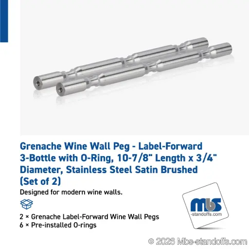 [WPR075-3S] Grenache Wine Wall Peg - Label-Forward 3-Bottle with O-Ring, 9-1/2" Length x 3/4" Diameter, Stainless Steel Satin Brushed (Set of 2)