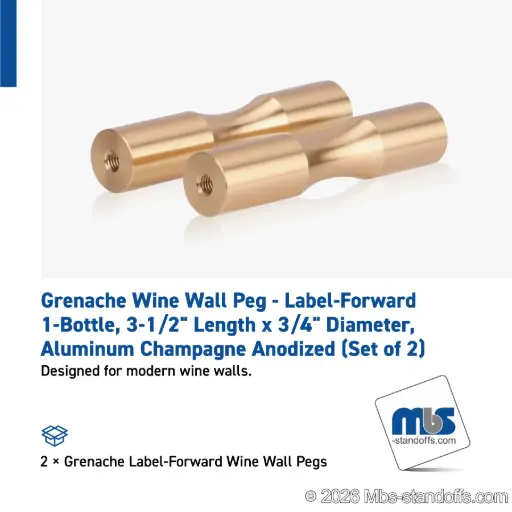 [WP075-1BR] Grenache Wine Wall Peg - Label-Forward 1-Bottle, 3-1/2" Length x 3/4" Diameter, Aluminum Champagne Anodized (Set of 2)