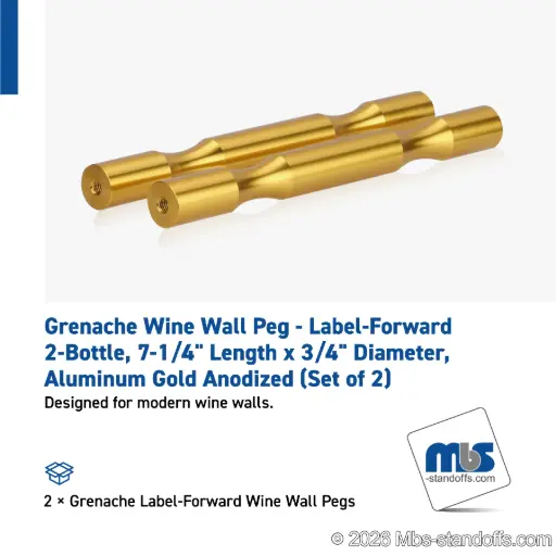 [WP075-2G] Grenache Wine Wall Peg - Label-Forward 2-Bottle, 6-1/2" Length x 3/4" Diameter, Aluminum Gold Anodized (Set of 2)