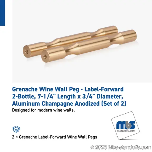 [WP075-2BR] Grenache Wine Wall Peg - Label-Forward 2-Bottle, 6-1/2" Length x 3/4" Diameter, Aluminum Champagne Anodized (Set of 2)