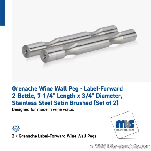 [WP075-2S] Grenache Wine Wall Peg - Label-Forward 2-Bottle, 6-1/2" Length x 3/4" Diameter, Stainless Steel Satin Brushed (Set of 2)