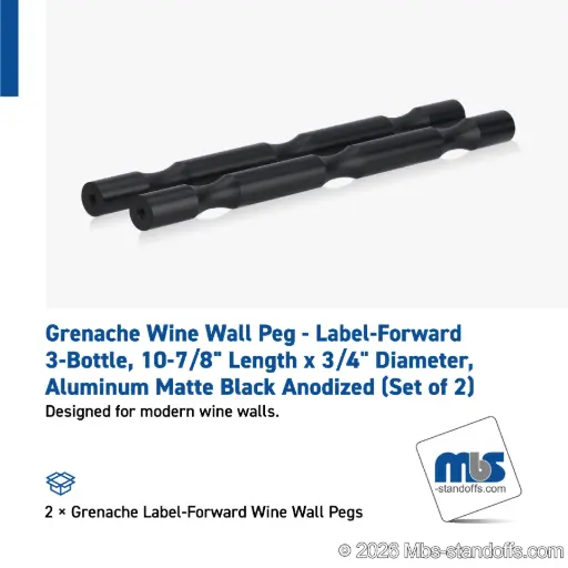 [WP075-3MB] Grenache Wine Wall Peg - Label-Forward 3-Bottle, 9-1/2" Length x 3/4" Diameter, Aluminum Matte Black Anodized (Set of 2)