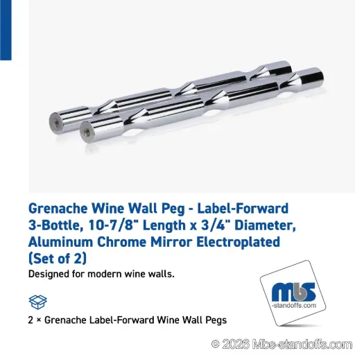 [WP075-3CP] Grenache Wine Wall Peg - Label-Forward 3-Bottle, 9-1/2" Length x 3/4" Diameter, Aluminum Chrome Mirror Electroplated (Set of 2)