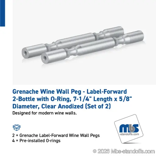 [WPR058-2A] Grenache Wine Wall Peg - Label-Forward 2-Bottle with O-Ring, 6-1/2" Length x 5/8" Diameter, Aluminum Clear Anodized (Set of 2)