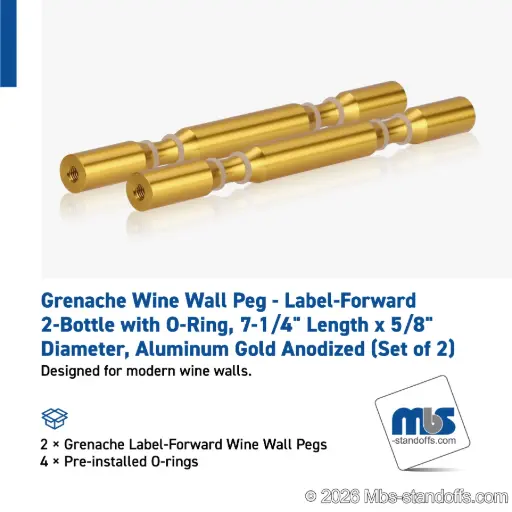 [WPR058-2G] Grenache Wine Wall Peg - Label-Forward 2-Bottle with O-Ring, 6-1/2" Length x 5/8" Diameter, Aluminum Gold Anodized (Set of 2)