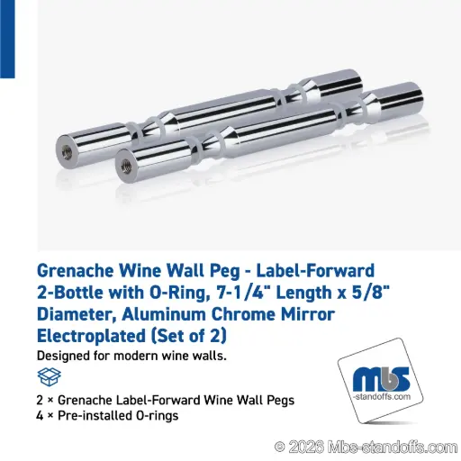 [WPR058-2CP] Grenache Wine Wall Peg - Label-Forward 2-Bottle with O-Ring, 6-1/2" Length x 5/8" Diameter, Aluminum Chrome Mirror Electroplated (Set of 2)