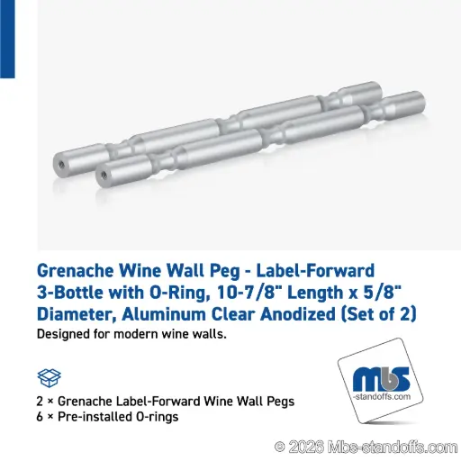 [WPR058-3A] Grenache Wine Wall Peg - Label-Forward 3-Bottle with O-Ring, 9-1/2" Length x 5/8" Diameter, Aluminum Clear Anodized (Set of 2)