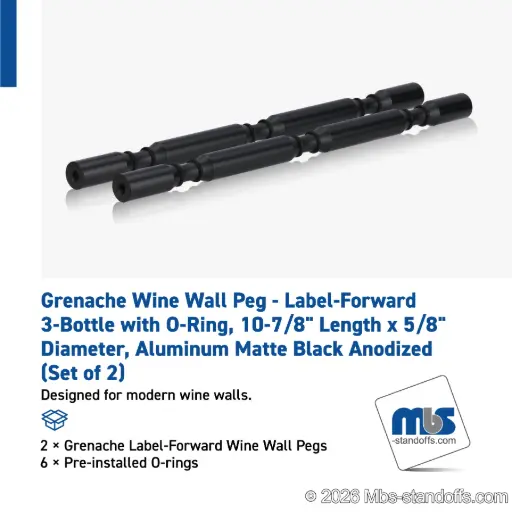 [WPR058-3MB] Grenache Wine Wall Peg - Label-Forward 3-Bottle with O-Ring, 9-1/2" Length x 5/8" Diameter, Aluminum Matte Black Anodized (Set of 2)