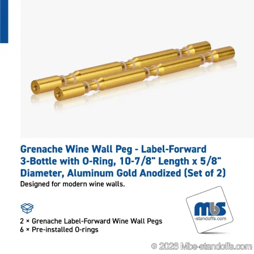 [WPR058-3G] Grenache Wine Wall Peg - Label-Forward 3-Bottle with O-Ring, 9-1/2" Length x 5/8" Diameter, Aluminum Gold Anodized (Set of 2)