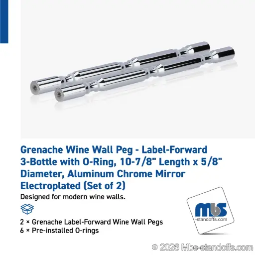 [WPR058-3CP] Grenache Wine Wall Peg - Label-Forward 3-Bottle with O-Ring, 9-1/2" Length x 5/8" Diameter, Aluminum Chrome Mirror Electroplated (Set of 2)