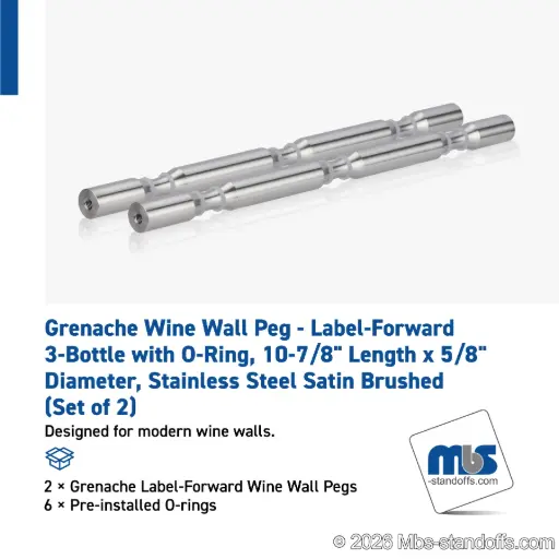 [WPR058-3S] Grenache Wine Wall Peg - Label-Forward 3-Bottle with O-Ring, 9-1/2" Length x 5/8" Diameter, Stainless Steel Satin Brushed (Set of 2)