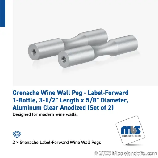 [WP058-1A] Grenache Wine Wall Peg - Label-Forward 1-Bottle, 3-1/2" Length x 5/8" Diameter, Aluminum Clear Anodized (Set of 2)