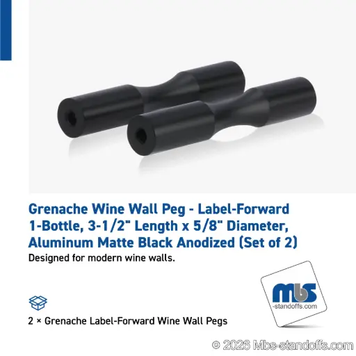 [WP058-1MB] Grenache Wine Wall Peg - Label-Forward 1-Bottle, 3-1/2" Length x 5/8" Diameter, Aluminum Matte Black Anodized (Set of 2)