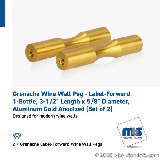 [WP058-1G] Grenache Wine Wall Peg - Label-Forward 1-Bottle, 3-1/2" Length x 5/8" Diameter, Aluminum Gold Anodized (Set of 2)