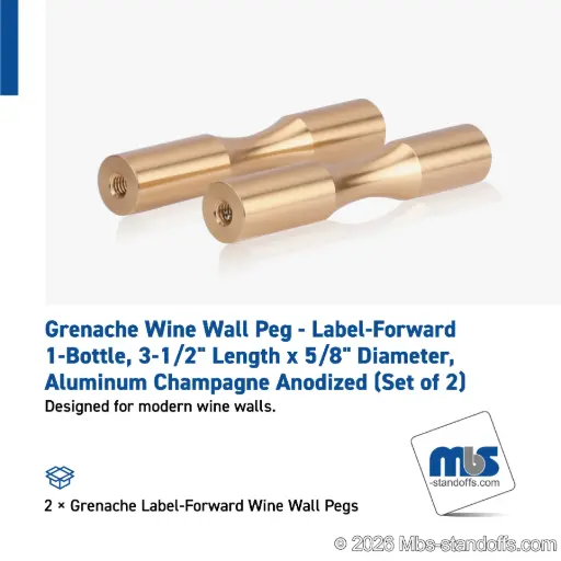 [WP058-1BR] Grenache Wine Wall Peg - Label-Forward 1-Bottle, 3-1/2" Length x 5/8" Diameter, Aluminum Champagne Anodized (Set of 2)
