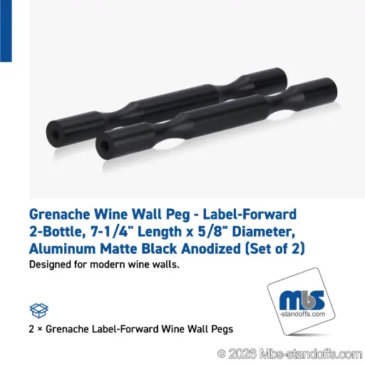 [WP058-2MB] Grenache Wine Wall Peg - Label-Forward 2-Bottle, 6-1/2" Length x 5/8" Diameter, Aluminum Matte Black Anodized (Set of 2)