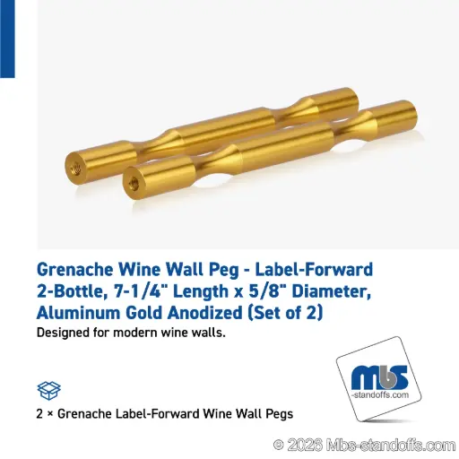 [WP058-2G] Grenache Wine Wall Peg - Label-Forward 2-Bottle, 6-1/2" Length x 5/8" Diameter, Aluminum Gold Anodized (Set of 2)