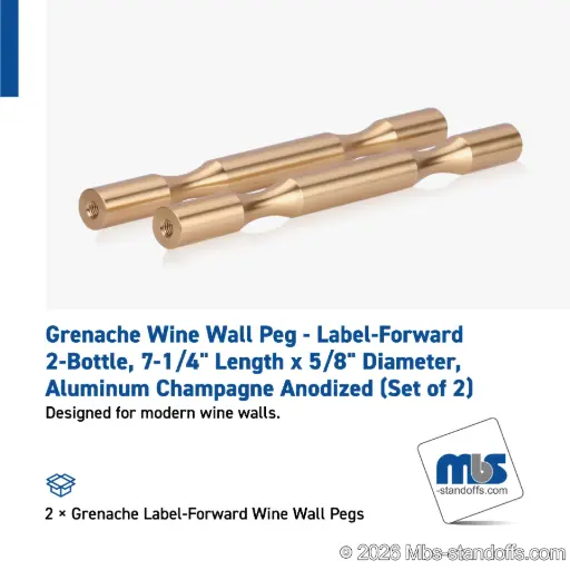 [WP058-2BR] Grenache Wine Wall Peg - Label-Forward 2-Bottle, 6-1/2" Length x 5/8" Diameter, Aluminum Champagne Anodized (Set of 2)