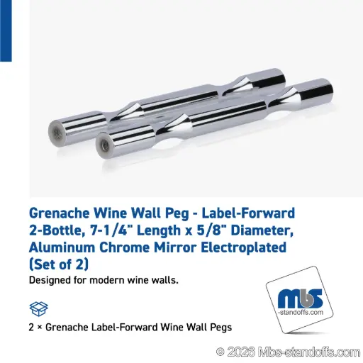 [WP058-2CP] Grenache Wine Wall Peg - Label-Forward 2-Bottle, 6-1/2" Length x 5/8" Diameter, Aluminum Chrome Mirror Electroplated (Set of 2)