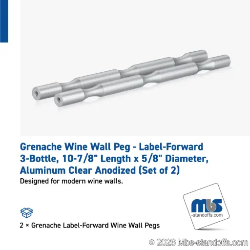 [WP058-3A] Grenache Wine Wall Peg - Label-Forward 3-Bottle, 9-1/2" Length x 5/8" Diameter, Aluminum Clear Anodized (Set of 2)