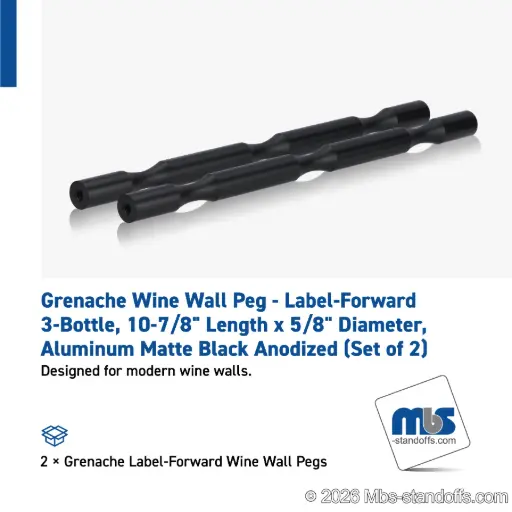 [WP058-3MB] Grenache Wine Wall Peg - Label-Forward 3-Bottle, 9-1/2" Length x 5/8" Diameter, Aluminum Matte Black Anodized (Set of 2)