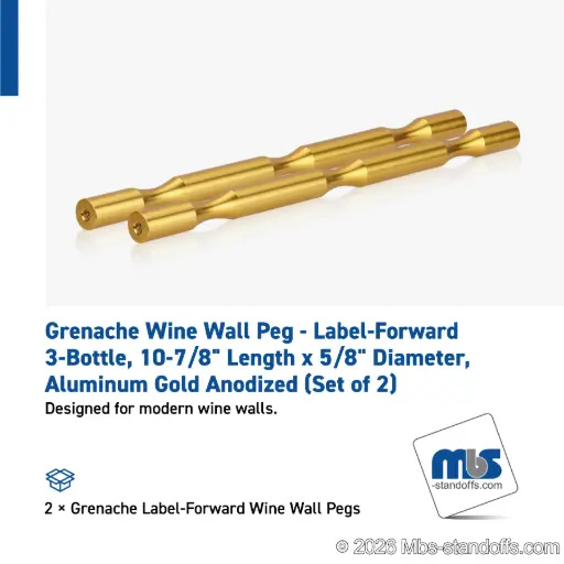 [WP058-3G] Grenache Wine Wall Peg - Label-Forward 3-Bottle, 9-1/2" Length x 5/8" Diameter, Aluminum Gold Anodized (Set of 2)